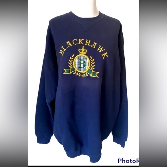 Vintage Santee Collegiate Sz XL Crewneck Sweatshirt Blackhawk Crest Seal Blue - Picture 1 of 5